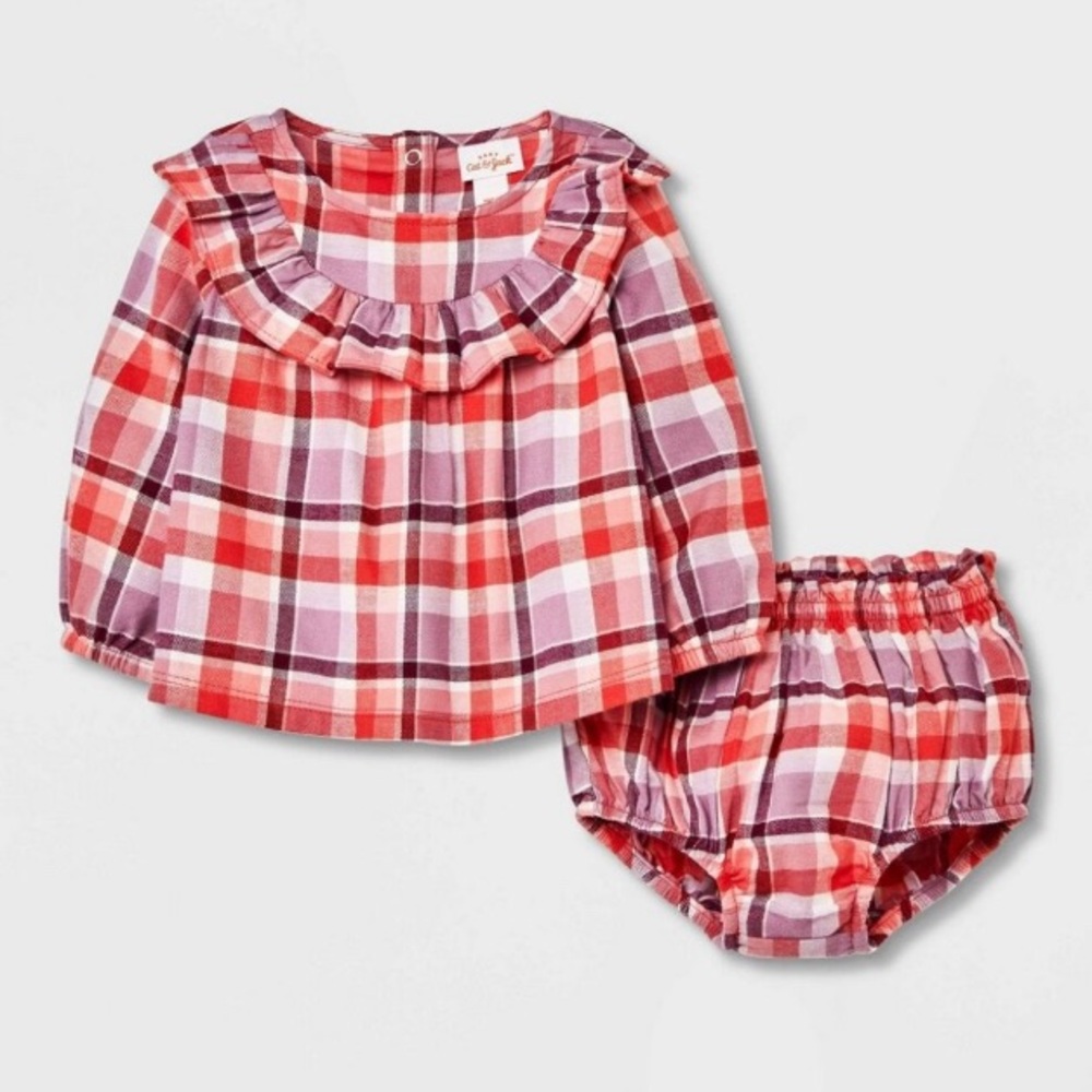 Cat & Jack Kids 12 mo Baby Girls' Ruffle Plaid Top & Bottom Set NWT